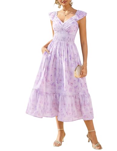 Image of GRACE KARIN Women's Summer Floral Maxi Dress 2026 Ruffle Sleeve Smocked Sundress Flowy Wedding Guest Long Dresses with Pocket