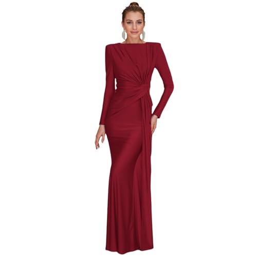 Image of RARITYUS Women's Elegant Knot Ruched Long Sleeve Maxi Dress Shoulder Pads Long Formal Dress Cocktail Evening Party Dress