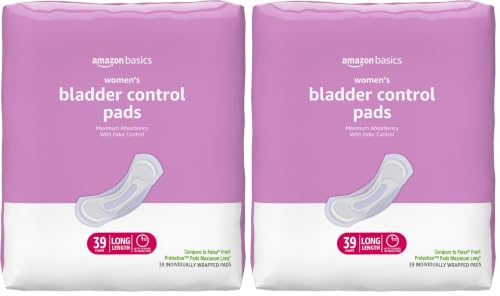 Image of Amazon Basics Incontinence Pads for Women, Postpartum, Long, Maximum Absorbency, Bladder Control, Unscented, 39 Count (Pack of 2)
