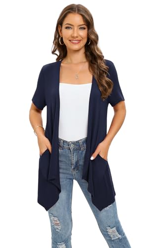 Image of Veryoung Floral Short Sleeve Cardigans for Women Casual Drape Open Front Lightweight Summer Cardigan with Pocket High Low Hem