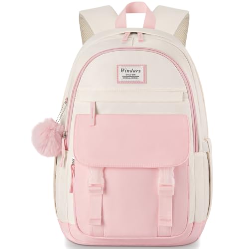 Image of WINDARS School Backpack for Teen Girls, Cute College Backpacks for Women Students Aesthetic Bookbag Large 15.6 Inch Laptop Bag Middle School Travel Back Pack (Pink Beige)