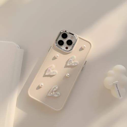 LSOUGUK Compatible with iPhone 12/12 Pro Case for Girls Women,Cute 3D Love Heart Pearl Design Protection Case Fashion Slim Soft TPU Shockproof Protective Cover for iPhone 12/12 Pro-Creamy White - Image 3