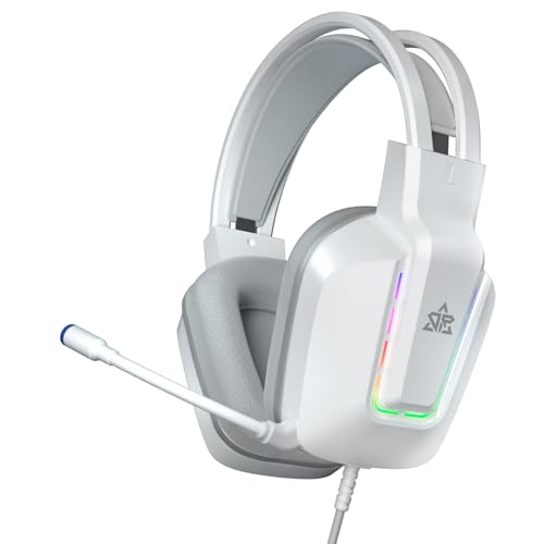 OMIRE Gaming Headset for PS5 PS4 Xbox Series X|S Xbox One PC Switch Mac - RGB Over-Ear Headphones with Noise Cancelling Mic 50mm Drivers & Memory Earmuffs -3.5MM Wire(White Gaming Headphones)
