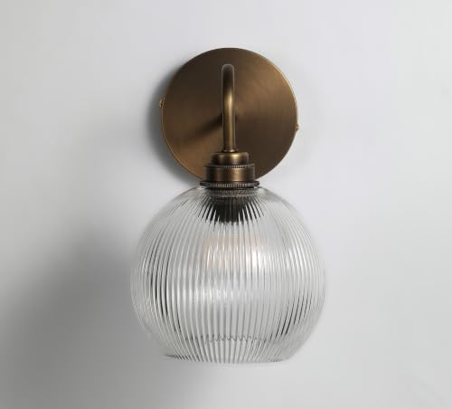 Image of Vintage Antique Brass Wall Sconce with Ribbed Glass Globe Shade, Antique Bronze Finish Gooseneck Sconce for Kitchen Sink, Bathroom, Bedroom (Bulb Included)