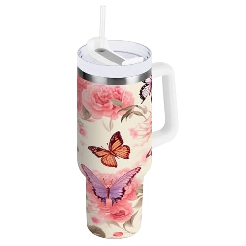 SUABO 40oz Stainless Steel Insulated Tumbler With Handle And Lid Straw Travel Mug Thermal Cup Butterfly and Pink Rose