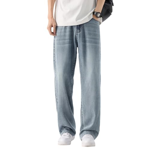 Men's Loose Casual Jeans Straight Wide Leg Lightweight Zipper Button Closure Denim Pants with Pockets