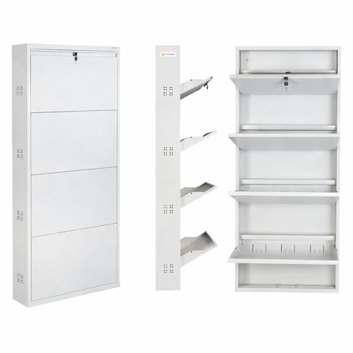 Image of TUFFERONE Shoe Rack Metal Heavy-Duty Cabinet 4-Door Wall-Mounted Organizer White Durable 4-Layer Footwear Stand for Home & Office 58 inch H x 29 inch W x 6 inch D