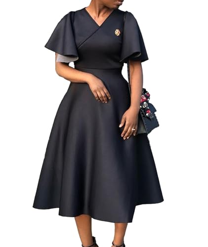 Image of SOMTHRON Women's Wrap V-Neck Ruffle Short Sleeve Midi Dress Elegant A Line Flowy Flared Cocktail Church Dress