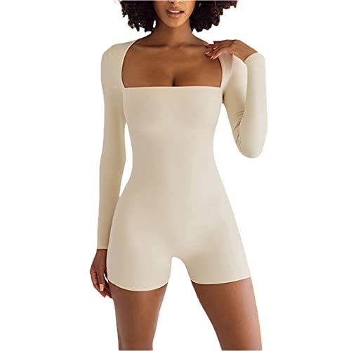 Sastianaen Women’s Y2K Long Sleeve Short Jumpsuit Solid Color Square Neck Romper Bodycon One Piece Bodysuit (A-White, M) #TOP3