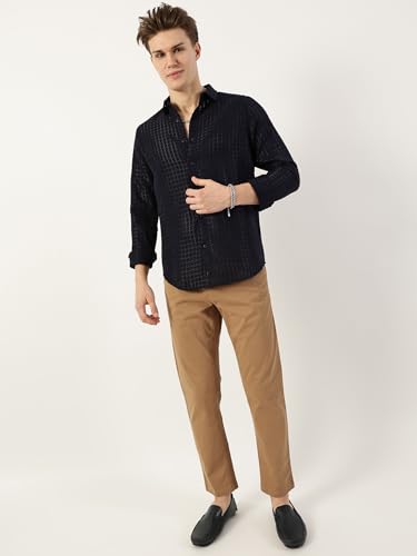 Image of Thomas Scott Men's | Solid | Textured Fabric | Full Sleeve | Slim Fit | Polyester-Blend | Spread Collar | Casual Shirt