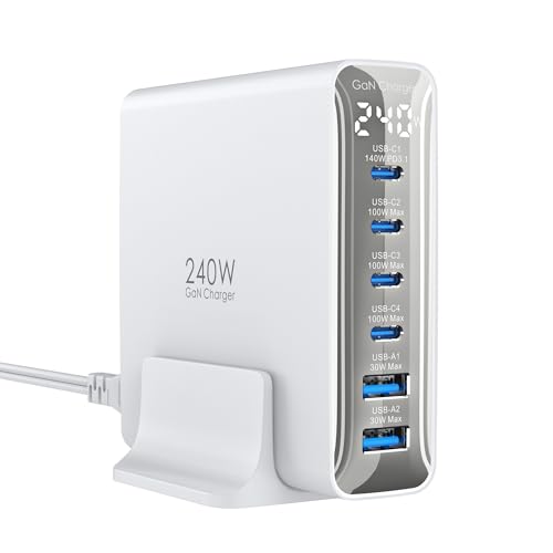 240W USB C Charger Station, 6-Port PD3.1 GaN Charger with LED Display Desktop,Fast Charging Station for MacBook Pro/Air, iPhone 17/16/15 Pro, iPad, for Dell XPS, Galaxy, Pixel, Laptops and More, White