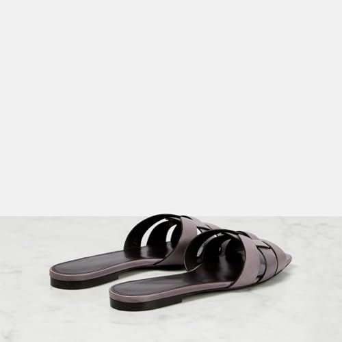 Image of THESHY Women's Flat Sandals Square Toe Patent Leather Comfortable Slip on Slippers Casual Summer Dressy Beach Slide Sandals for Women
