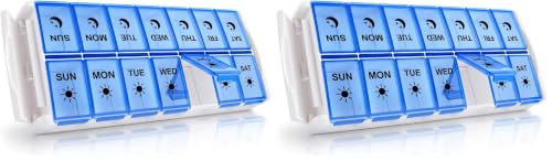 Image of Weekly Pill Organizer 7 Day 2 Times a Day Extra Large, Quick Fill 2020 Fullicon AM PM XL Daily Pill Cases Pill Box with Detachable Base - White /Blue (Patent Registered) (Pack of 2)
