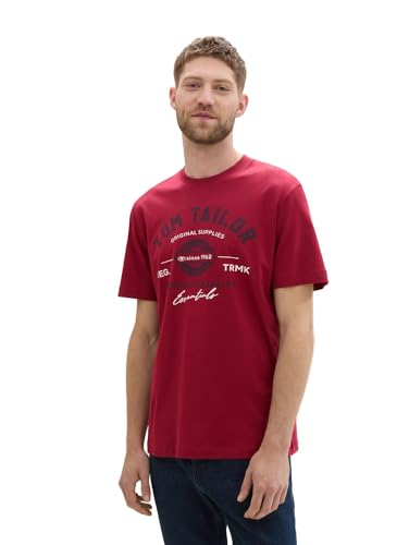 TOM TAILOR Herren T-Shirt mit Logo-Print aus Baumwolle, Deep Red, XXXL