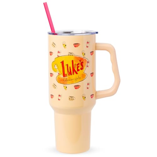 Image of Silver Buffalo Gilmore Girls Luke's Diner Double Walled Stainless Steel Tumbler with Handle and Straw, Fits in Standard Cup Holder, 40 Ounces