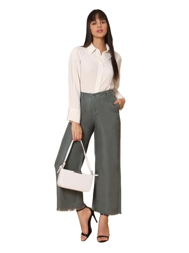 Image of TWGE Women's High Waist Wide Leg Jeans - Single Button, Stretchable Denim Pants - Ankle Length - Stylish Casual Wear