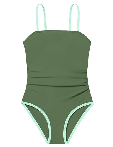 Image of Shallmu Girls One Piece Swimsuits Color Block Dual Crossback Straps with Cover Up Skirt Girl's Swimwear 9-16Y