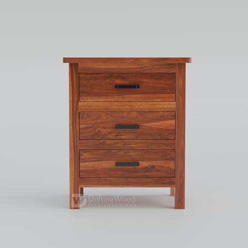 Image of DRIFTINGWOOD Roovi Solid Sheesham Wood Bedside Table with 3 Drawers | Wooden Nightstand /Side Table for Bedroom & Living Room (Honey Finish)