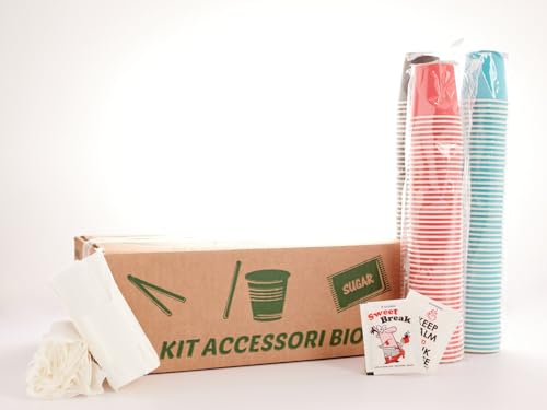 3 Kit Accessori Caffe da 150 Bio - 450 Bustine Zucchero Bianco Fino - 450 palettine in legno incartate e 450 bicchierini di Carta da 75 ml Biodegradabili - 3 kit di servizio caffè da 150 Bio -