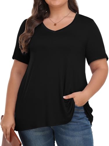 Tencede Womens Plus Size Tops Short Sleeve Tunic Shirts V Neck Summer Floral Loose Fit Blouse XL-5X3