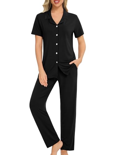 Image of SWOMOG Women Pajama Sets Two-Piece Nightwear Short Sleeve Sleepwear Button Down Pj Lounge Sets with Long Pants