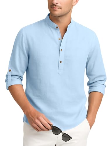 Image of Zombom Men's Cotton Blend Kurta Shirt with Full Sleeves Mandarin Collar Neck Solid Pattern for Men Regular Fit Ethnic Wear Casual Festive Top Modern Style | Cotton Shirt for Mens