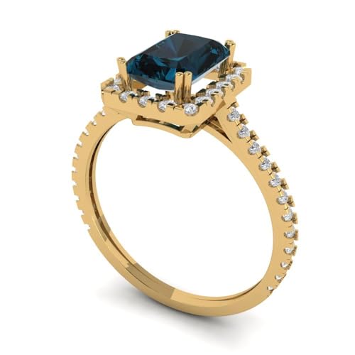 Clara Pucci 2.08 Emerald Cut Solitaire W/Accent Halo Natural London Blue Topaz Bridal Wedding Statement Ring Solid 18K Yellow Gold2