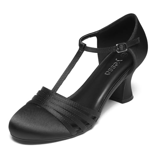 YESSA Character Shoes for Women Leather/Satin T-Strap 1920s Shoes 2/2.5 Ballroom Dance Shoes for Latin Salsa Tango Flamenco Black