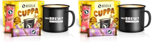 Image of Bevzilla 24 Flavoured Coffee Sachets & Enamel Mug | Makes 24 Cups| 6 Sachets Each Flavour | Turkish Hazelnut, Colombian Gold, French Vanilla & English Butterscotch | Cuppa Joy Box (Pack of 2)