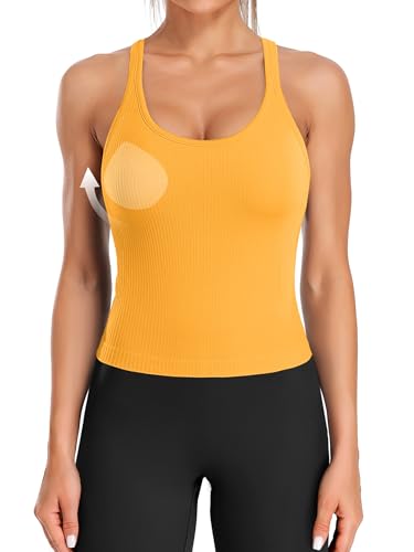 Image of ATTRACO Ribflex Ribbed Workout Crop Tops with Built in Bra for Women Yoga Racerback Tank Top Slim Fit