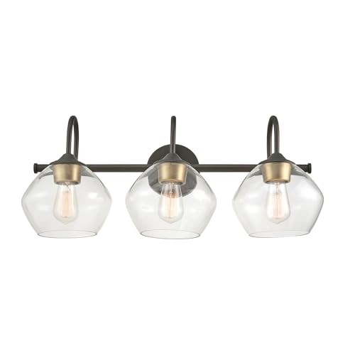Image of Globe Electric 51853 3-Light Vanity Light, Dark Bronze, Antique Brass Accents, Clear Glass Shade, Beauty Room Accessories, Bathroom Lights Over Mirror, Makeup Mirror Lights, Bulb Not Included