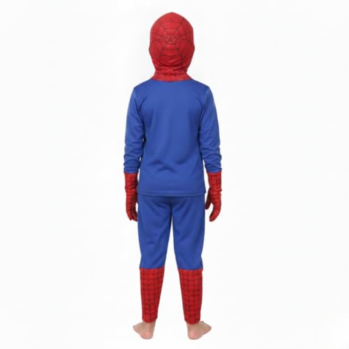 Image of ITSMYCOSTUME Superhero Costume for Kids Boys Girls | 4-Piece Fancy Dress Set with Mask & Gloves | Print Red Blue Suit | Birthday School Party Cosplay | Polyester Stretch Fit | 2-8 Years