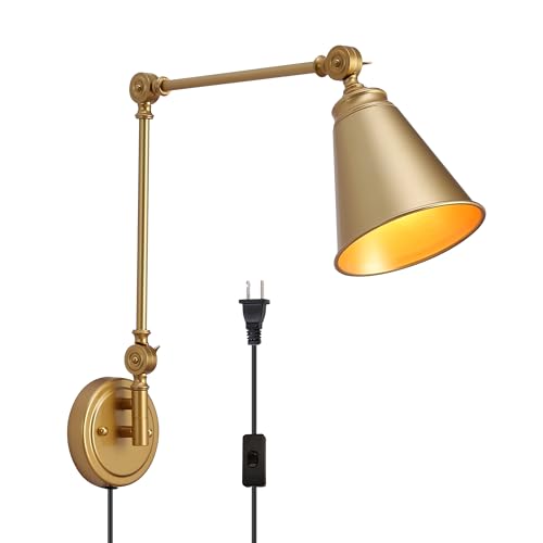Image of SUNLLOK Modern Gold Plug in Wall Sconces - Industrial Adjustable Swing Arm Hanging Wall Light Fixture - Indoor Rustic Reading Wall Lamp Decoration for Living Room, Kids Bedroom, Office (1)