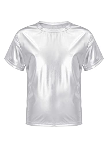 Mufeng Maglia da Bambini Bambina Metallizzata Lucida a Maniche Corte Crop Top Maglietta da Danza Moderna Abito da Ballo Jazz Hip Hop T-Shirt da Festa Discoteca Argento 7-8 Anni