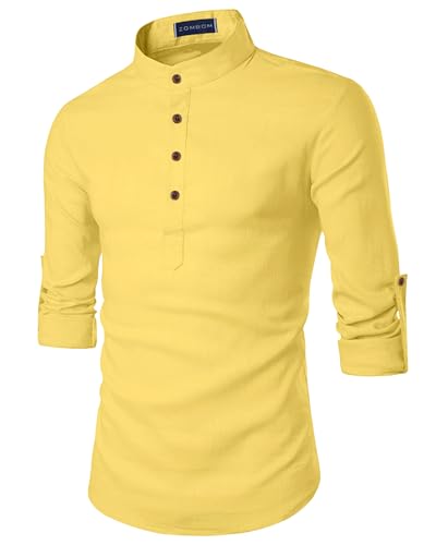 Image of Zombom Men's Cotton Blend Solid Casual Regular Fit Mandarin /Chinese Collor Short Full Sleeve Kurta for Men