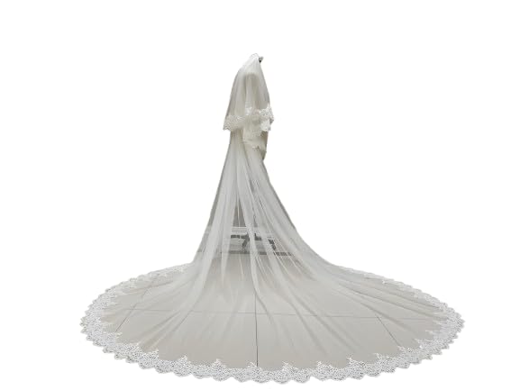 UNIQUE BRIDAL ACCESSORIES Sequence lace Bridal wedding 3.5 meter Floor veil 2 tiar Christian Bridal Long Veil with front face Layer With Comb Head Band Pearl Bridal Veil for Wedding-image-17
