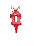 Sexy Fishing Net Hollow Out Lingerie Valentine's Day Perspective Waist Revealing Jumpsuits Women's Solid Apparel Sui(Red,L)