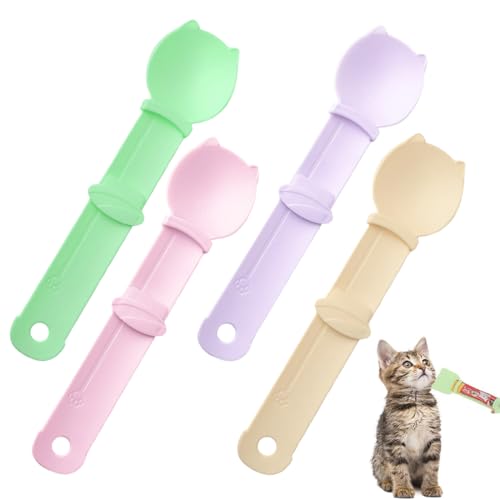 OUDQFCJ 4 Stück Multifunktionaler Leckbarer Nasskatzen-Leckerli-Spender, Katzen-Nassfutter-Löffel, Katzenstreifen-Quetsch-Dosierlöffel, Löffel für Katzen, Kätzchen, Hunde, Welpen, kleine Haustiere