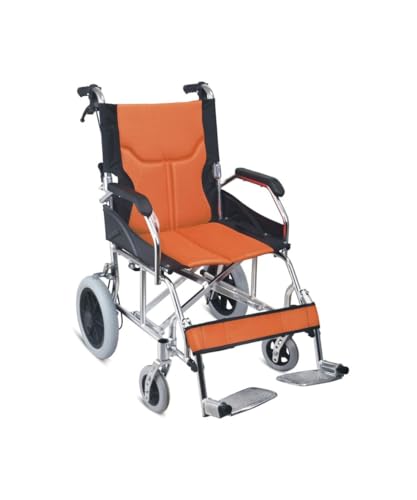 Ausilium Silla de ruedas plegable ultraligera de aluminio para transporte con cinturón de seguridad incluido y respaldo reclinable - Color naranja