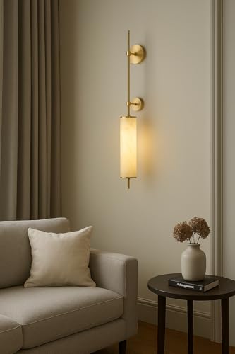 Image of blissbells Modern Brass & Alabaster Wall Sconce Light - Vertical Cylinder Design for Bedroom, Living Room & Hallway Decor (Cylindrical Sconce)