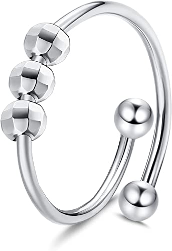 CASSIECA Anillo de Ansiedad de Plata de Ley 925 para Mujer para Hombre Fidget Spinner Anillos de Cuentas de Ansiedad Paz Abierta Apilable Ajustable Anillos de Banda Alivio del Estrés