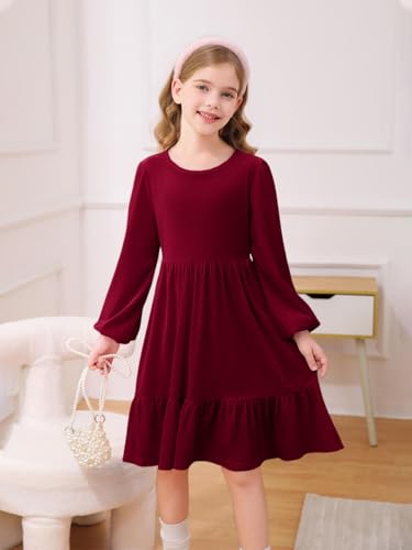 Haloumoning Girls Velvet Dress Long Sleeve Crew Neck A-Line Tiered Elegant Party Holiday Dresses 5-14Y3