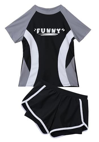 Image of SEAUR Teen Girls Swimsuit Rash Guard Swimwear Short Sleeve High Waisted Bikini Set Bathing Suits with UPF50+ Shorts Black Grey 11-13 Years