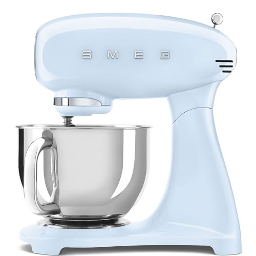 Smeg, Amasadora planetaria Full Color SMF05PBEU, 10 niveles de velocidad, función suave y mezcla, cuenco de 4,8 L, bloque motor, 3 látigos y gancho amasador, 800 W, azul