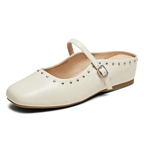 FSJ Women Square Closed Toe Flats Backless Slip On Buckle Strap Hidden Heel Mary Jane Shoes Studded Comfortable Mules Size 4-16 US