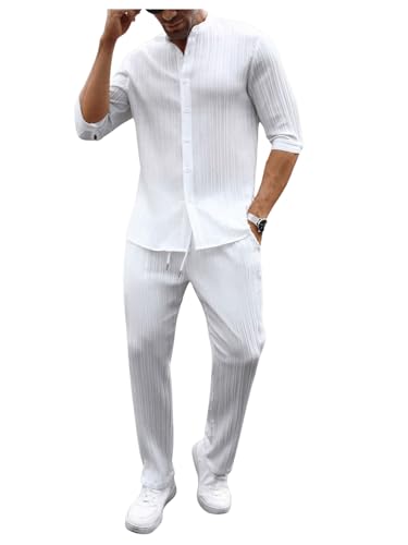 Men's 2 Piece Outfits 3/4 Sleeve Button Down Shirts and Drawstring High Waisted Pants Set Tracksuits