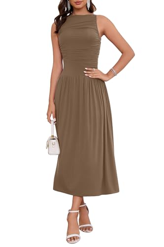 Image of Womens Summer Casual Midi Maxi Dress 2026 Sleeveless Ruched A Line Flowy Cocktail Wedding Guest Beach Long Sundress