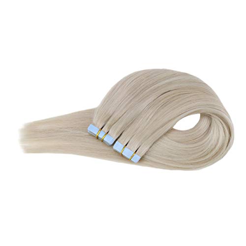 Ugeat 16Inch Tape in Remy Human Hair Extensions Seamless Skin Weft Tape on Real Human Hair Extensions #60 Platinum Blonde Tape on Hair 20Pcs 50Gram