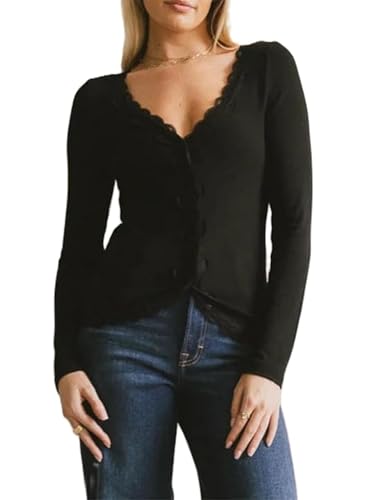SANSIWU Womens Cardigan Sweaters Casual Button Up Lace Ruffle Trim V Neck Long Sleeve Ribbed Knit Cute Fitted Crop Tops (A-Black, S)