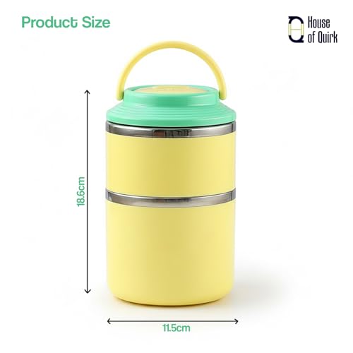 Image of House of Quirk 2 Layer 304 Stainless Steel Round Lunch Box for Office, Portable Multi-Layer Lunch Bucket, Large Capacity Leak-Proof Food Container with Rice Storage (Yellow)